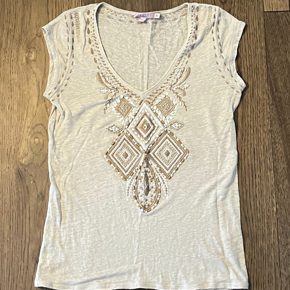 Calypso Flax Linen Hand Beaded V-neck Tee